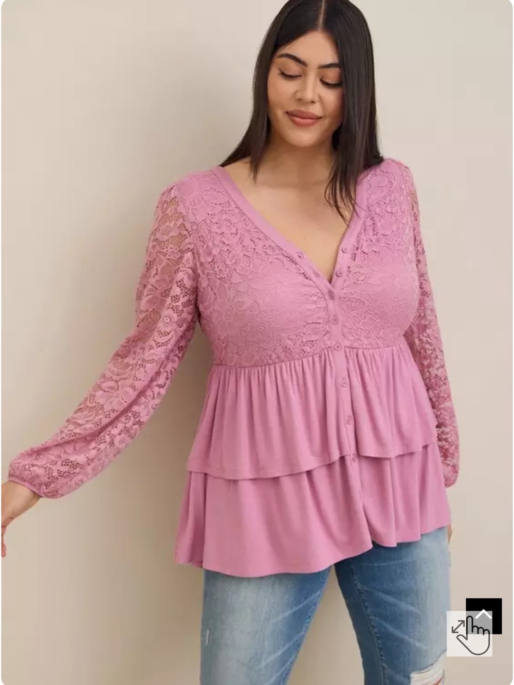 Torrid Babydoll Tiered Botton-Down Long Sleeve Lace Top, Pink, Feminine, Size 1X